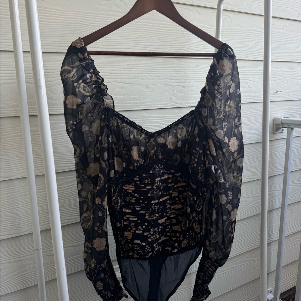 Free People Black and Gold Floral Bodysuit